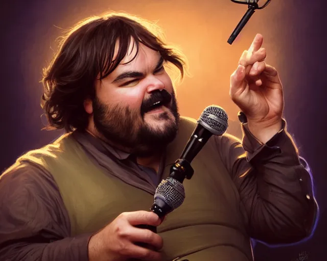 Prompt: photography of jack black singing the best song in the world in a microphone, deep focus, d & d, fantasy, intricate, elegant, highly detailed, digital painting, artstation, concept art, matte, sharp focus, illustration, hearthstone, art by artgerm and greg rutkowski and alphonse mucha