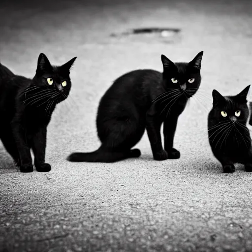 Image similar to In an old house area, a group of black cat with red eyes, the scene is dark, old black and white photo,50 mm, hyper-realistic, 8K HDR.