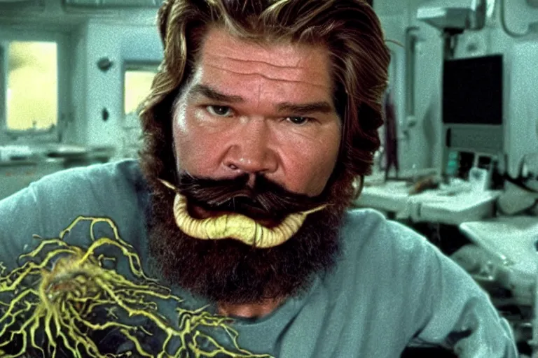 Prompt: scary filmic closeup color ground level angle movie still 35mm film color photograph of Kurt Russel with a beard and mustache becoming a shape shifting abstract alien organism from The Thing 1982 spewing swirling slimey tendrils onto the floor inside a lab, in the style of nature documentary footage