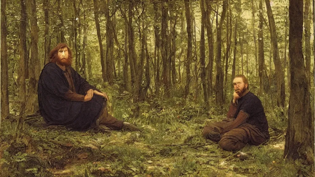 Prompt: a man sitting in the woods pre - raphaelite brotherhood