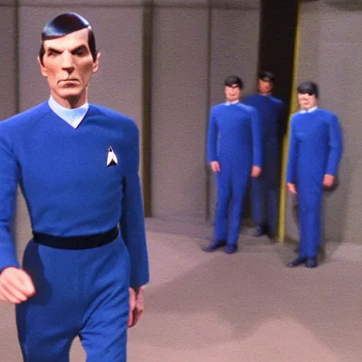 Image similar to photo of mr spock blue uniform exiting the tardis