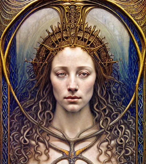 Prompt: detailed realistic beautiful young medieval queen of atlantis face portrait by jean delville, gustave dore and marco mazzoni, art nouveau, symbolist, visionary, gothic, pre - raphaelite. horizontal symmetry by zdzisław beksinski, iris van herpen, raymond swanland and alphonse mucha. highly detailed, hyper - real, beautiful