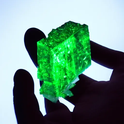 Prompt: a glowing shard of kryptonite held in an open black - gloved hand, night photography, pitch black, lit only by the green glow of the kryptonite