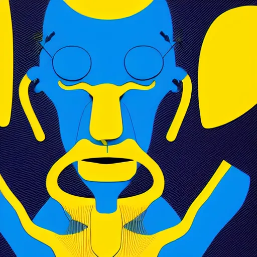 Image similar to human man that resembles a wasp morh in surreal sketch style, blue and yellow gradient, noise, ultrafine detail, hd 8k, logo illustration