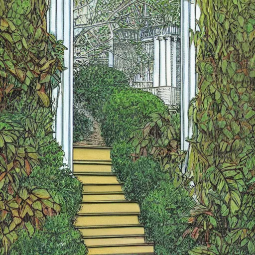 Image similar to old white house stairs into lush garden, drawing moebius