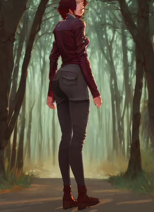 Image similar to pretty young woman with shoulder length shiny shimmering dark red hair and wearing worn leather jacket, concept art, t - pose, full body, path traced, highly detailed, high quality, digital painting, by studio ghibli and alphonse mucha, leesha hannigan, makoto shinkai, arcane