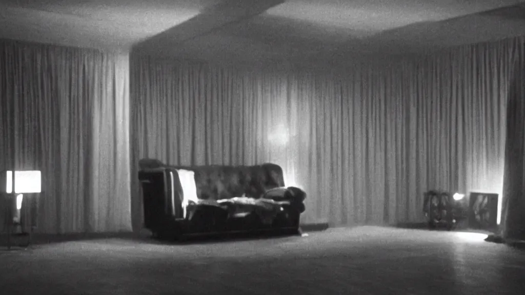 Image similar to Twin Peaks (1990) the Black Lodge, red curtains, black furniture, white and black chevron floor tile, eerie david lynch cinematography, red room in the black lodge from Twin Peaks, atmospheric wide shot photography, dramatic lighting, shot on ARRIFLEX Camera, shot on Panavision Panaflex Camera, shot on Fjifilm 35mm, Shot on Eastman Kodak 35mm