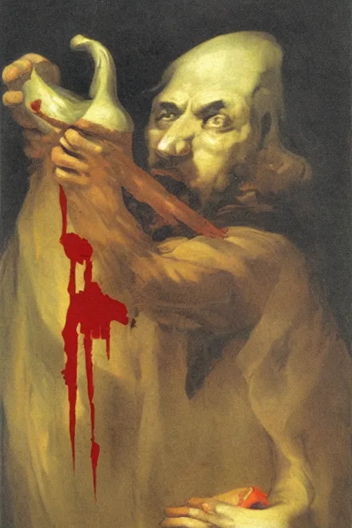 Prompt: francisco goya painting of an evil jesus christ holding corncopia with blood pouring, ominous, unsettling, visible paint strokes, hd image, visible paint texture