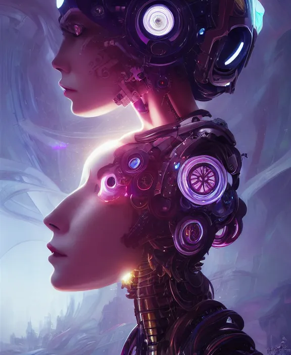 Image similar to whirlwind souls rushing inside metaverse, half body, tiara, robotic, android, cyborg, cyberpunk face, by loish, d & d, fantasy, intricate, elegant, highly detailed, colorful, vivid color, digital painting, artstation, concept art, art by artgerm and greg rutkowski and alphonse mucha and ruan jia