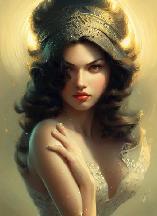 Image similar to bokeh, intricate, elegant, highly detailed, digital painting, artstation, concept art, smooth, sharp focus, illustration, art by artgerm, greg rutkowski, gil elvgren, symmetry, natural light, 1 3 5 mm!!