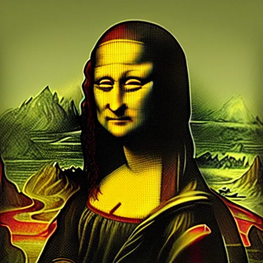 Image similar to grunge drawing of a happy mona lisa in the style of the grudge | horror themed | loony toons style