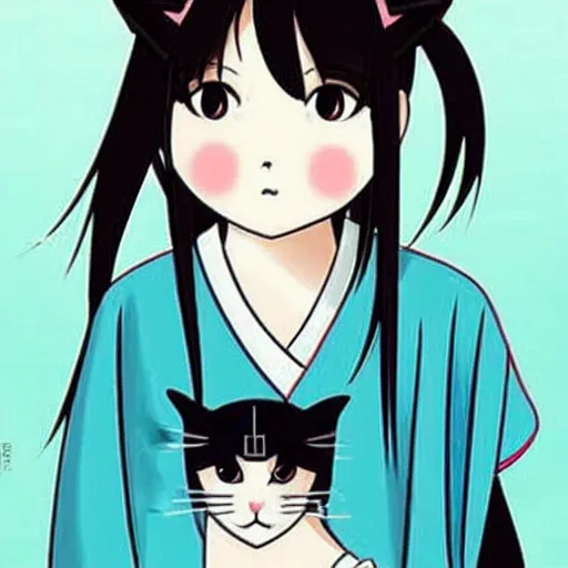 Image similar to japanese girl and cat fusion, cute