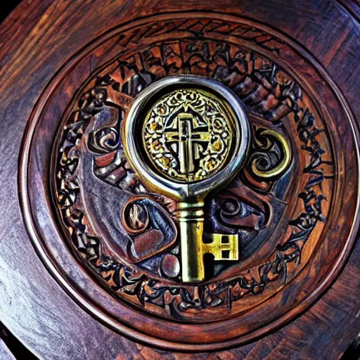 Image similar to a large ornate key with gems and engraved runes, on a wooden dungeon table, d & d, photo