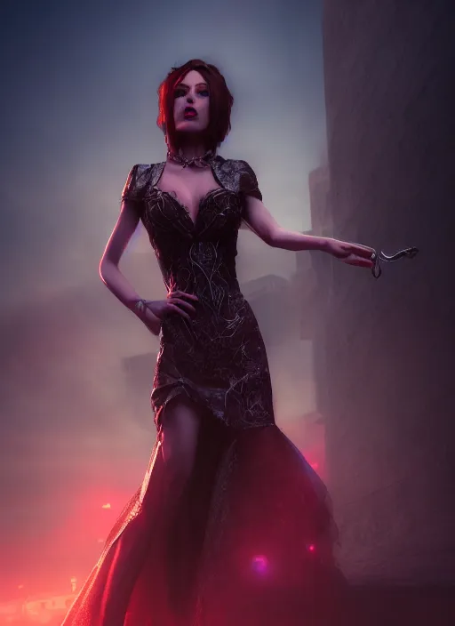 Prompt: realistic matte painting, full body portrait, the duchess of blood, owns the las vegas night, highly detailed, CGsociety, subtle, concept art, HDR, hyper realistic, volumetric lighting, subsurface scattering, unreal