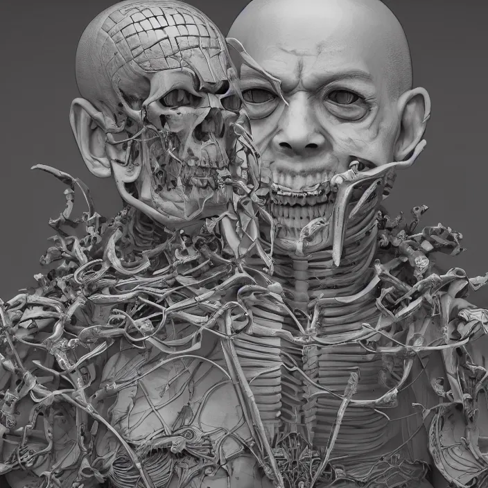 Image similar to portrait of Buddhist Monk as skeleton. intricate abstract. intricate artwork. by Tooth Wu, wlop, beeple, dan mumford. octane render, trending on artstation, greg rutkowski very coherent symmetrical artwork. cinematic, hyper realism, high detail, octane render, 8k, chrome accents