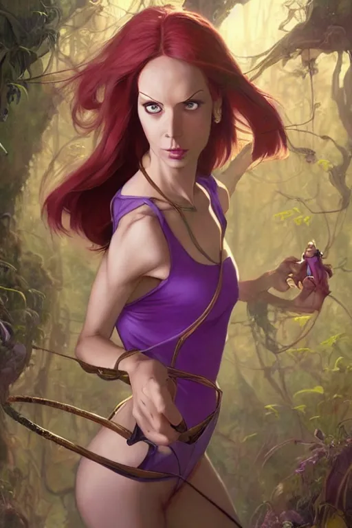 Image similar to aeon flux as Daphne Scooby doo picture by Greg Rutkowski, dynamic pose, matte painting, intricate, fantasy concept art, elegant, by Stanley Artgerm Lau, WLOP, golden ratio, thomas kindkade, alphonse mucha, loish, Peter chung, norman Rockwell,