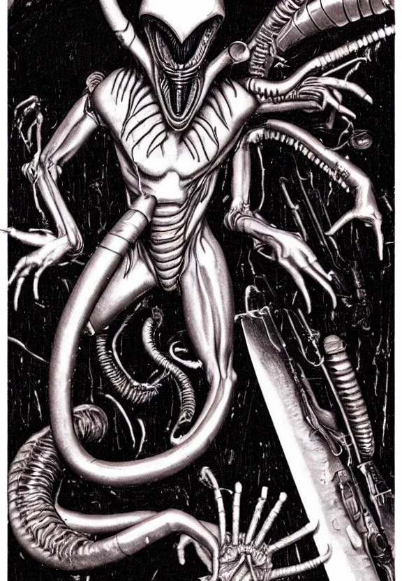 Prompt: one famous person, simple, simplicity, subgenius, x - day, weird stuff, occult stuff, knives, giger ’ s xenomorph, illuminati, gem tones, hyperrealism, stage lighting