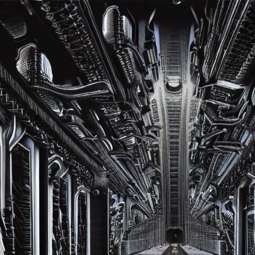 Prompt: highly advanced futurescape, intricate, high detailed, superstructures, elegant architecture, 8k, 144mm full shot, cinematic :: H.R. Giger ::