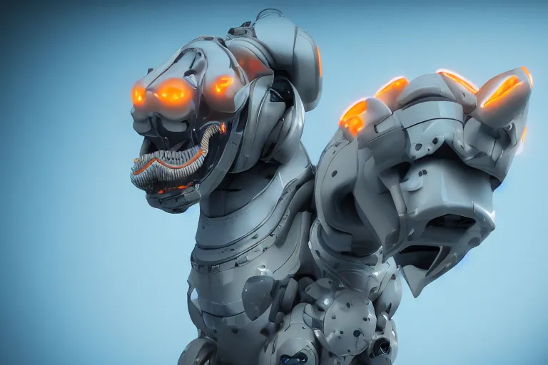 Image similar to cybernetic!! anime dino!!! white blue grey ( orange details ), octane render, studio light,