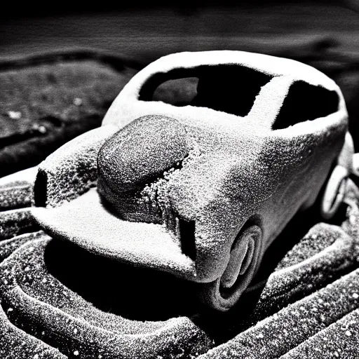 Image similar to car in bread, photograph, 4 k black and white photograph