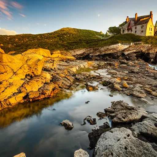 Prompt: artwork by Pascal Blanche of a creek next to the ocean, steep rock with and abandonned manor on top of it, beautiful sunset, reflecting light of the sun on the ocean, very detailed