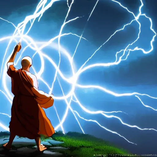 Prompt: illustration of a peaceful monk in the centre of a swirling atom shooting lightning from his hands into a dark ominous cloud, studio ghibli, ultra hd