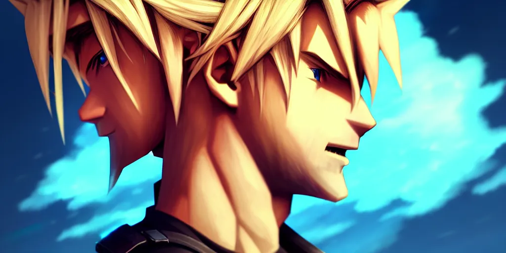 Image similar to low angle portrait of Cloud Strife from ff7, tepainting concept Blizzard pixar maya engine on stylized background splash comics global illumination lighting artstation lois van baarle, ilya kuvshinov, rossdraws