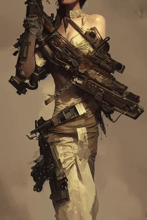 Image similar to A full portrait of a beautiful post apocalyptic offworld arms dealer, intricate, elegant, highly detailed, digital painting, artstation, concept art, smooth, sharp focus, illustration, art by Krenz Cushart and Artem Demura and alphonse mucha