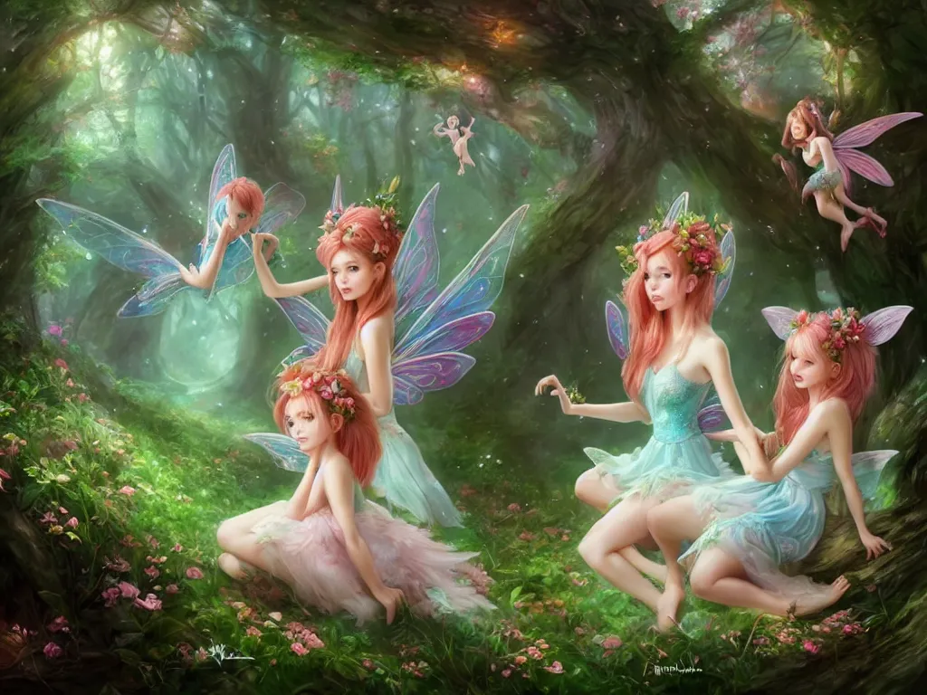 Image similar to two cute fairy in the dreamy forest, fantasy, dreamlike, 8 k resolution, hyper detailed, d & d, character design, digital painting, trending on artstation, sharp focus, illustration, art by artgerm, viktoria gavrilenko, hoang lap, fuji choko, steve zheng