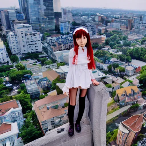 Image similar to anime girl looks from a cliff at a huge city