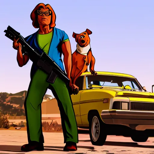 Image similar to Scooby Doo holding a gun in GTA 5, cover art by stephen Bliss, no text, studio lighting, blender, trending on artstation, 8k, highly detailed