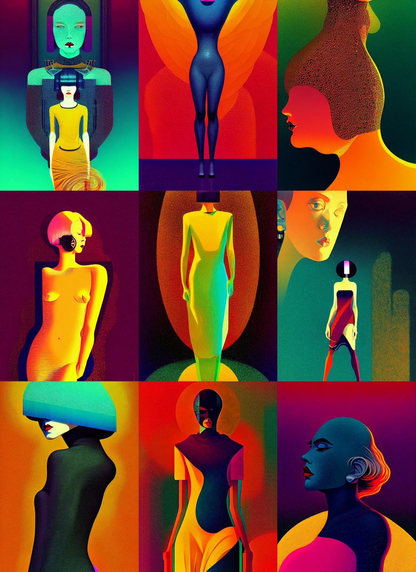 Prompt: ( ( dither ) ), editorial illustration full body portrait of reol, dynamic pose, modern art deco, colorful, ( ( mads berg ) ), christopher balaskas, victo ngai, rich grainy texture, detailed, dynamic composition, wide angle, moebius, matte print, ( ( glitch art ) ), gustav klimt
