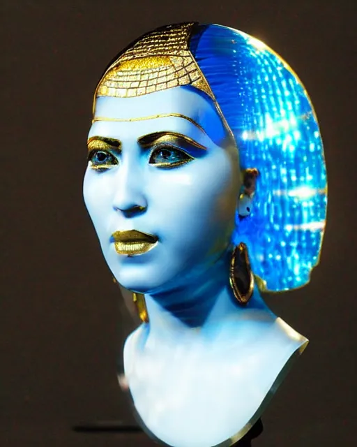 Prompt: intricate hologram realistic bust sculpture of futuristic digital obese angry egyptian beautiful girl empress, stone and glass and gold, blue and black, masterpiece