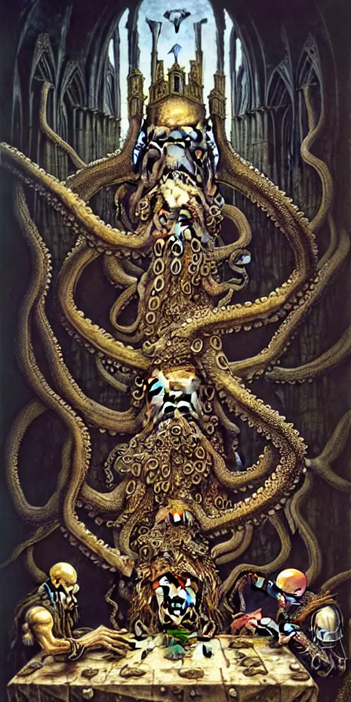 Image similar to mages with human bodies and magical armour with octopus heads sitting near the table in an ancient mage castle with enormous scale, gothic and baroque, brutalist architecture, ultradetailed, Intricate by John Howe and Josan Gonzalez and Giuseppe Arcimboldo