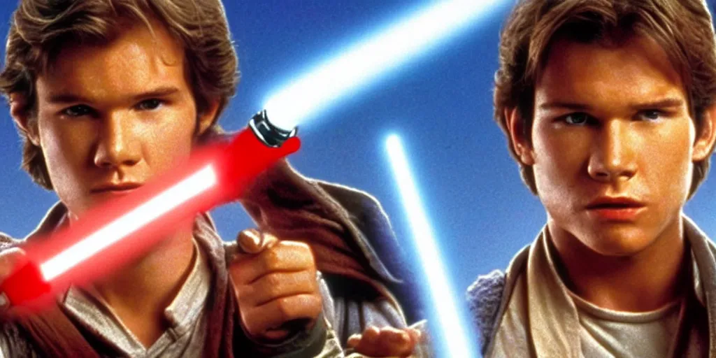 Image similar to A full color still from a film of a teenage Han Solo as a Jedi padawan holding a lightsaber hilt, from The Phantom Menace, directed by Steven Spielberg, 35mm 1990