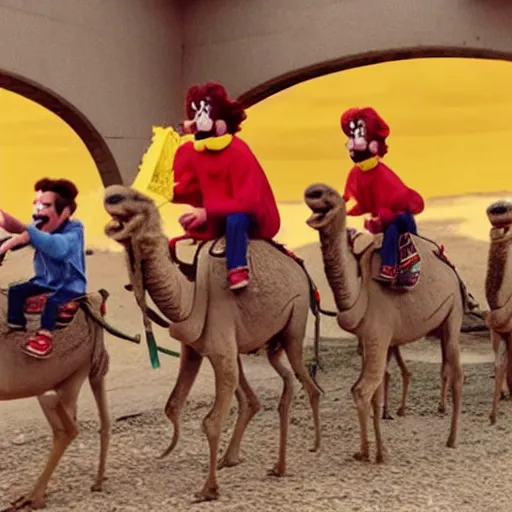 Image similar to Ned Flanders, Ronald McDonald, and Mr. Krabs storming Area 51 while riding on a camel wearing a basketball jersey