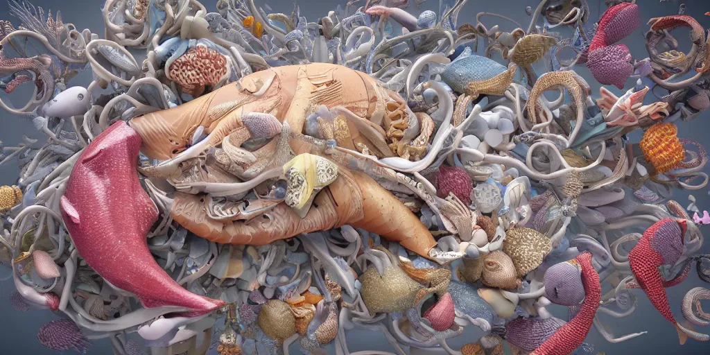 Image similar to a sculpture of ocean fish intertwined, a lovely cornucopia of flowers and human body parts, body parts, highly detailed, octane render, cinematic ， - h 7 6 8