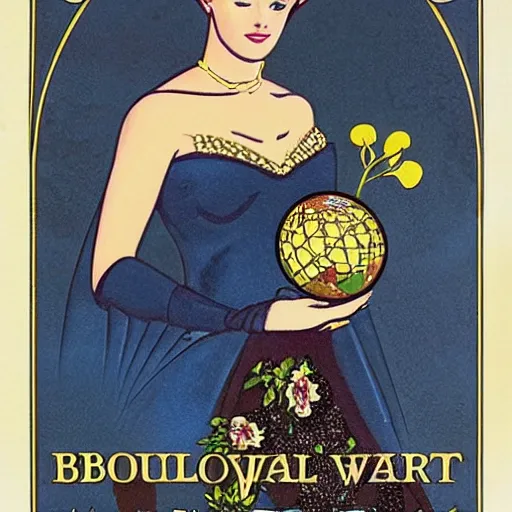 Image similar to a royal portrait of a cyborg woman. she holds a globe in one hand and flowers in the other. illustrated by burton rice. black orchid movie poster. 1 9 1 2.