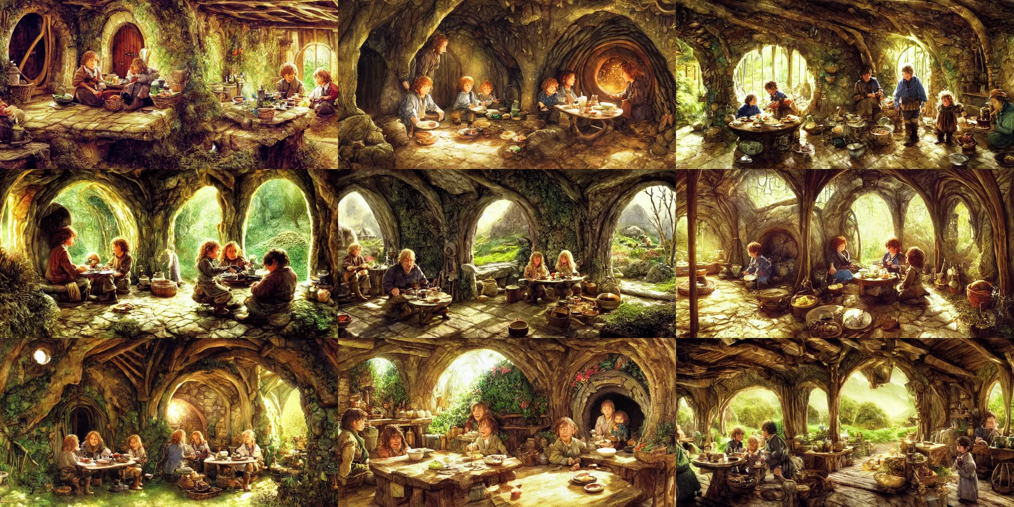 Prompt: a hobbit family sharing second breakfast within the interior of a hobbit hole,, by alan lee, art station, dust flickers in beams of light from the windows, finely detailed furniture, warm colors, vibrant greenery outside, oil painting