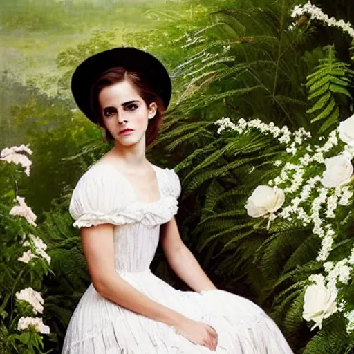 Prompt: full body fashion model emma watson by Winslow Homer smokey eyes makeup eye shadow fantasy, glow, shimmer as victorian woman in a long white frilly lace dress and a large white hat having tea in a sunroom filled with flowers, roses and lush fern flowers ,intricate, night, highly detailed, dramatic lighting , high quality