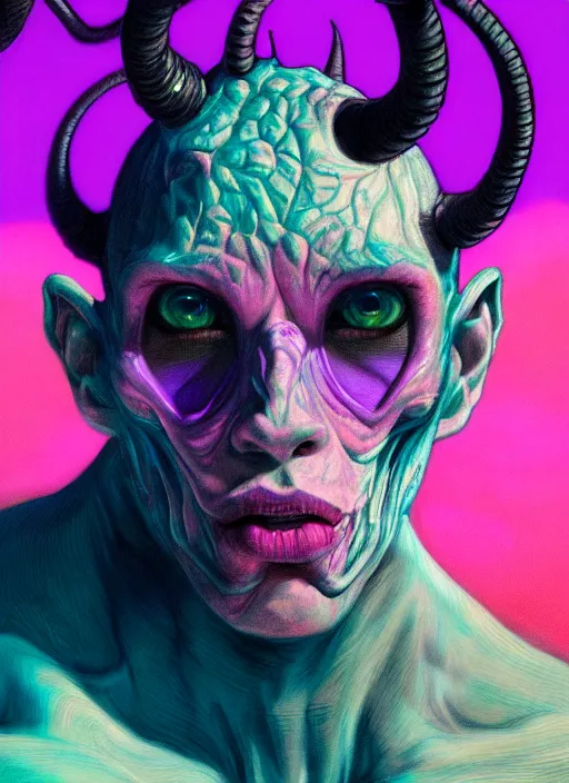 Prompt: close up portrait of a gay monster in the mountains of hell, pink light, purple gay colors, oil painting by tomasz jedruszek, cinematic lighting, pen and ink, intricate line, hd, 4 k, million of likes, trending on artstation