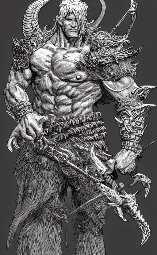 Prompt: fantasy dragonman barbarian, intricate, beautiful, highly detailed, elegant, artstation, concept art, smooth and sharp focus, illustration, by frank quietly, geoff darrow, jim lee