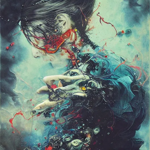 Prompt: UHD God playing Russian roulette, by Ayami Kojima, Amano, Karol Bak, Mark Brooks, tonalism, rich deep colors. Beksinski painting, art by Adrian Ghenie and Gerhard Richter. art by Takato Yamamoto. masterpiece