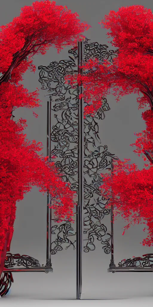 Prompt: 3 d photographic render of an ancient gate sculpture with red sakura flowers made of chrome, chrometype, made of liquid metal, neotribal with metallic thorns and thunders, raytracing, hyper realistic, volumetric lightning, 8 k, by zhelong xu and ouchh studio