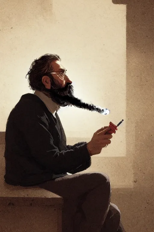 Image similar to portrait of a middle - aged writer with a beard, he is smoking a cigarette, style of greg rutkowski