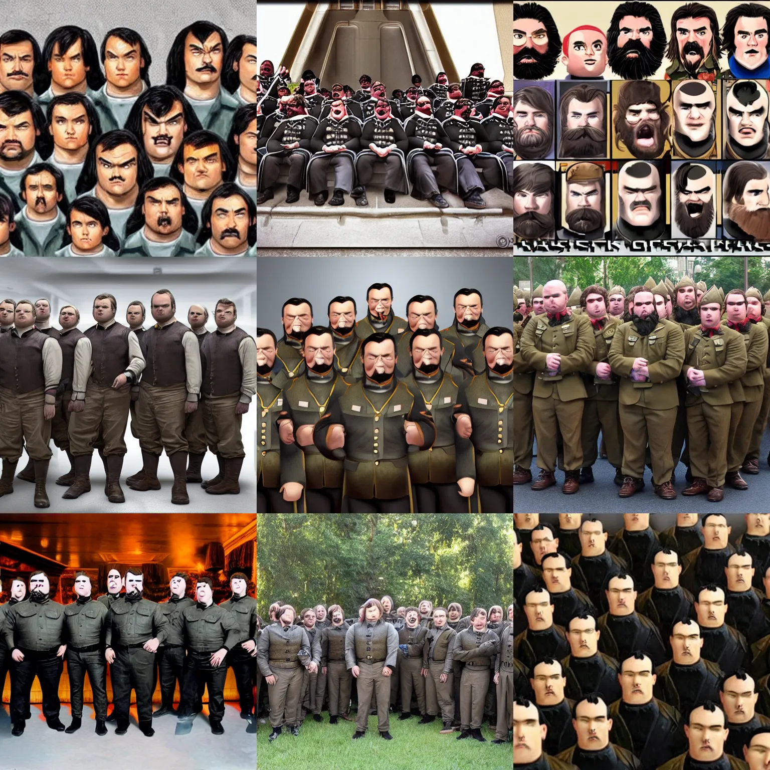 Prompt: an army of jack black clones, hyperrealistic