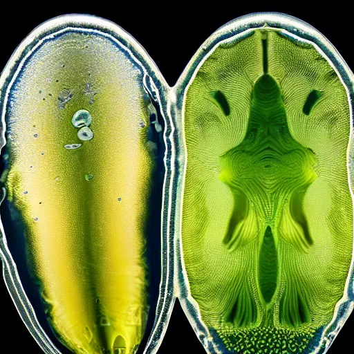 Image similar to macroscopic pond life including green algae, diatoms, dinoflagellates, protozoa, and amoeba. some rotifers. professional macroscopic photography. 8 k. studio lighting.