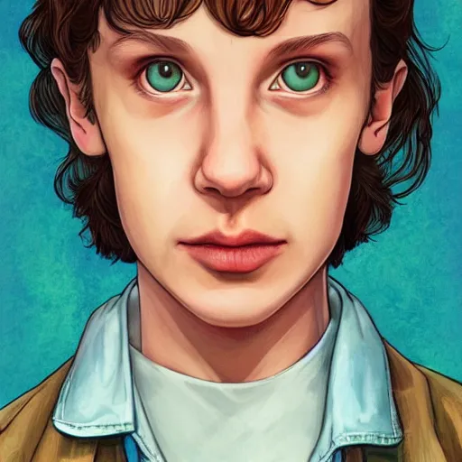 Prompt: beautiful side portrait of Eleven from Stranger things in a scenic!!! Environment by martine johanna, artstation winner,lines ,figurativism!, portrait,