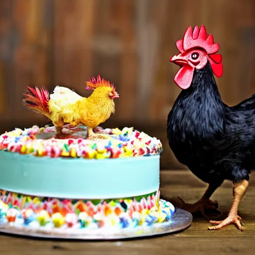 Prompt: a hatchling chick and a rooster together next to a birthday cake having 3 candles