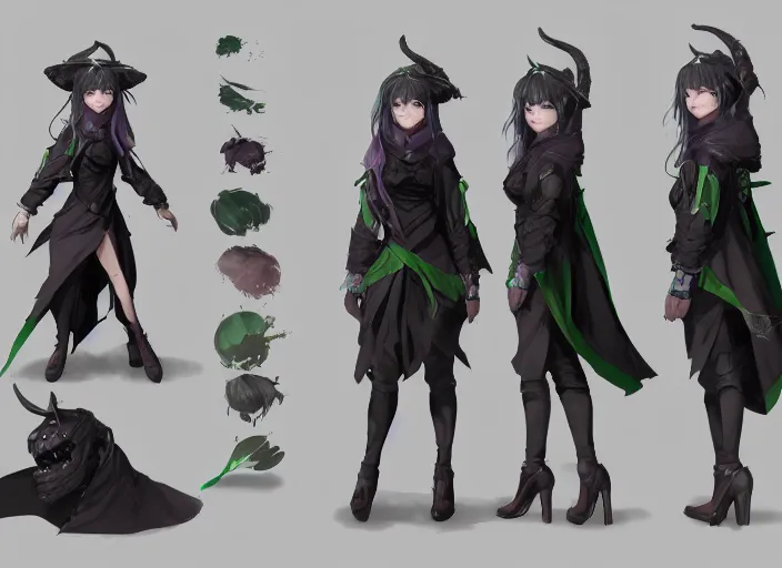 Prompt: character sheet for a beautiful and cute girl for genshin impact by greg rutkowski, black to light green fade hair, genshin impact style, sorcerer magic witch, digital art, trending on artstation, hd, 8 k, highly detailed, good lighting, beautiful, masterpiece